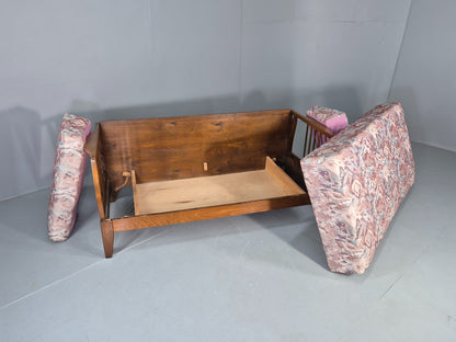 Vintage Danish Two Seat Sofa Bed Beech Frame 1950s Floral Cotton Retro EB12783