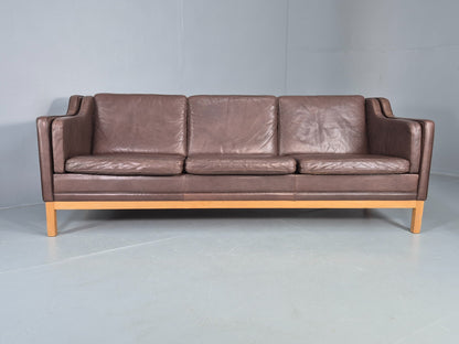 Vintage 3 Seater Sofa Danish 70s Brown Leather Retro Mid Century Modern EB12424