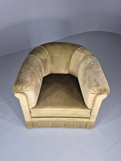 Vintage Danish Art Deco Tub Chair Green Velour Tassels 1940s  EB12710