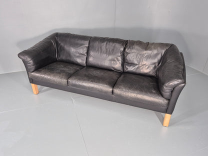 Vintage 3 Seat Sofa Danish Black Leather 1980s Retro EB8626 M3SS