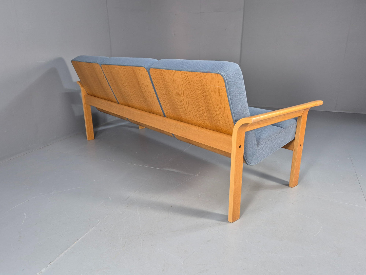 Vintage Danish Magnus Olesen Sofa Oak and Blue Wool 1970s EB9377 M3SS
