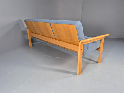 Vintage Danish Magnus Olesen Sofa Oak and Blue Wool 1970s EB9377 M3SS