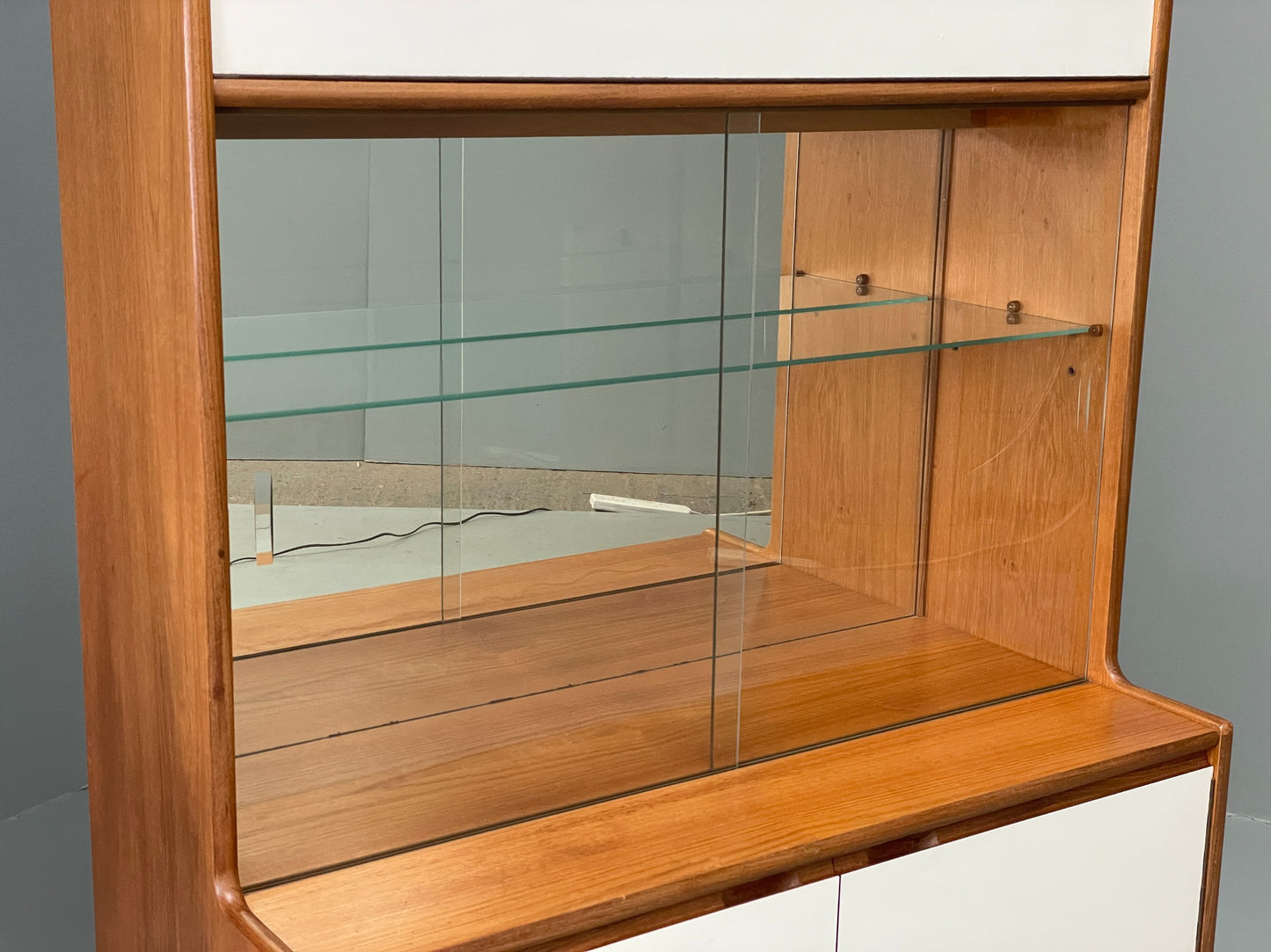 Vintage 1960s Cocktail Cabinet Teak White Formica Glazed Shelving EB12081
