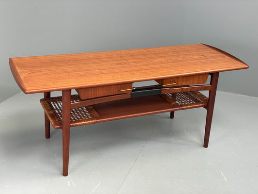 Vintage Teak Coffee Table Danish Mid Century 1960s Drawer Cane EB12356