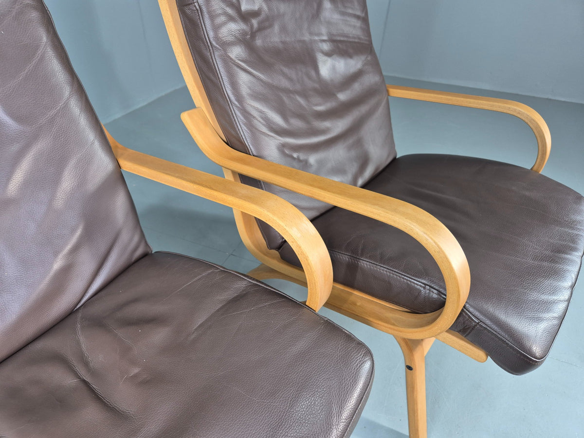 2 Vintage Danish Leather Lounge Chairs Bent Wood Frames 1980s Retro EB13073