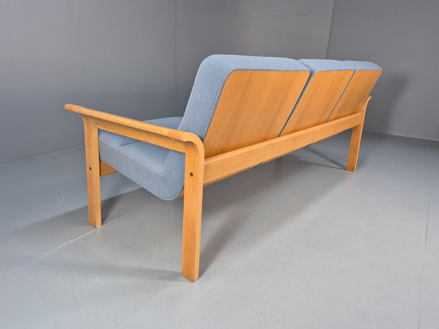 Vintage Danish Magnus Olesen Sofa Oak and Blue Wool 1970s EB9377 M3SS