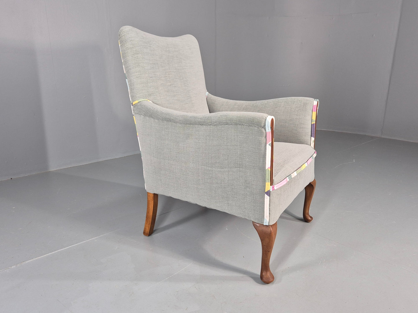 Vintage 1920s Armchair Reupholstered in Grey Green with Colour Accent EB11824