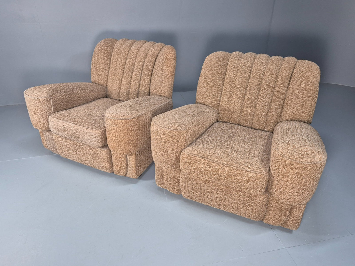 2 Vintage Art Deco Armchairs Beige Chenille Upholstery 1940s EB09684