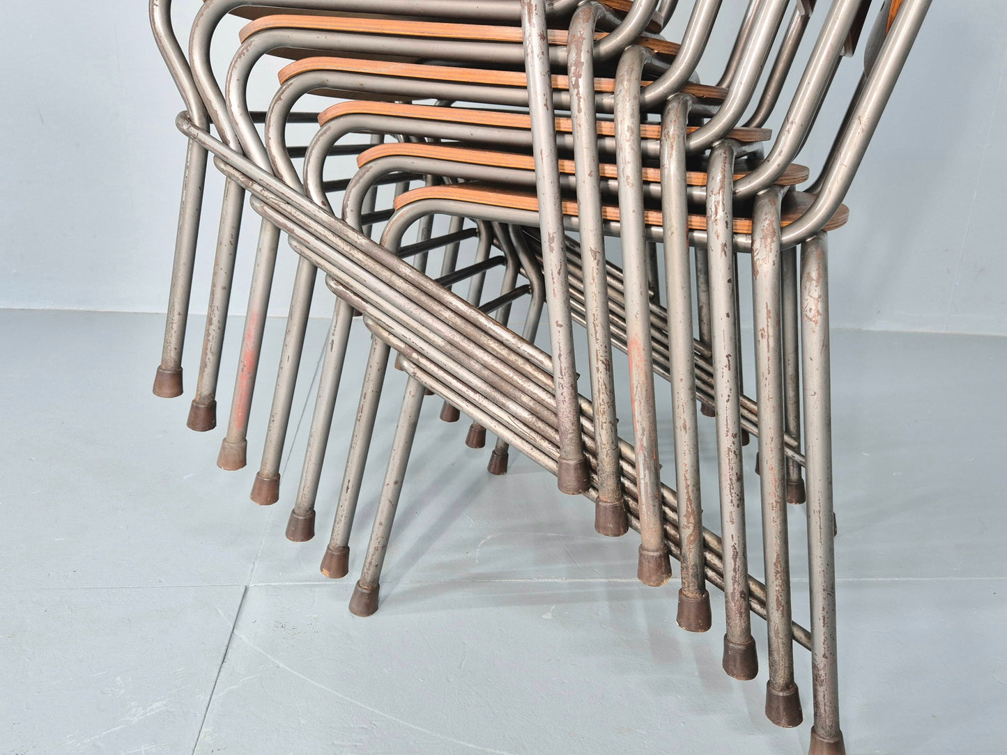 9 Vintage Danish Stacking Industrial Chairs Teak and Steel 1960s Retro EB12403