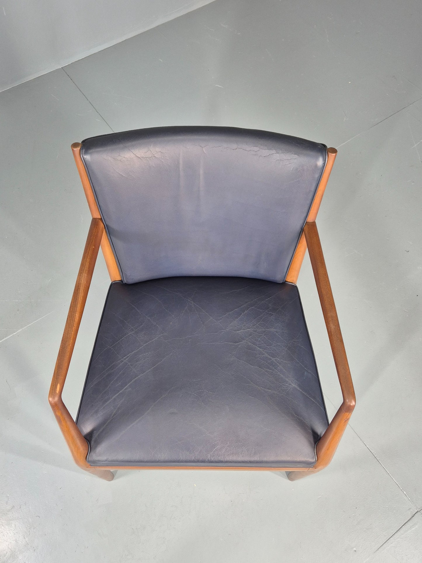 Vintage Mid Century Teak Armchair Blue Leather 1960s Retro EB11905
