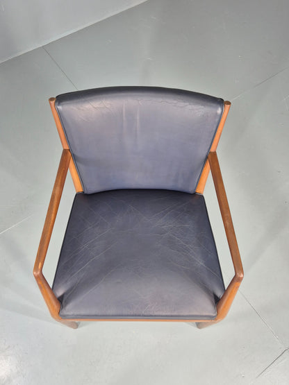 Vintage Mid Century Teak Armchair Blue Leather 1960s Retro EB11905