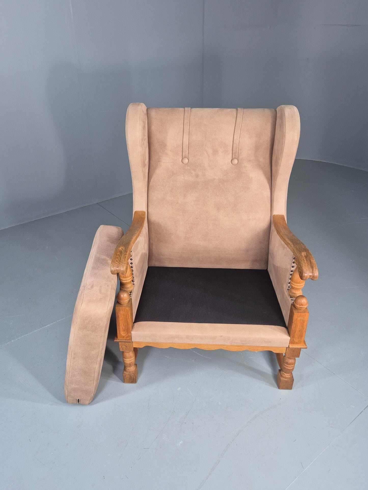 Vintage Wing Back Lounge Chair 1970s Danish Faux Suede on Oak Frame EB12774