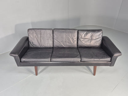1960s 3-seater sofa Danish Design Black Leather Mid Century Retro Teak  EB10279