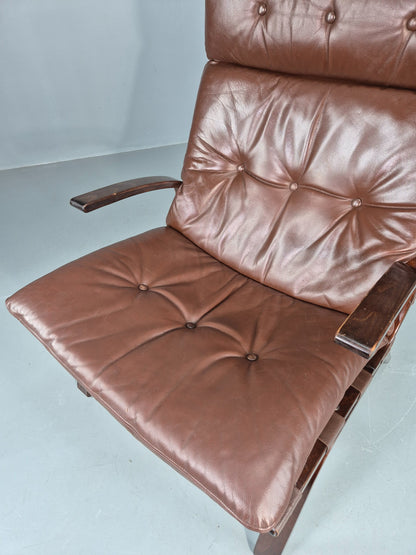 Vintage 1970s Leather Lounge Chair Farstrup Denmark Bentwood Frame Retro EB12312