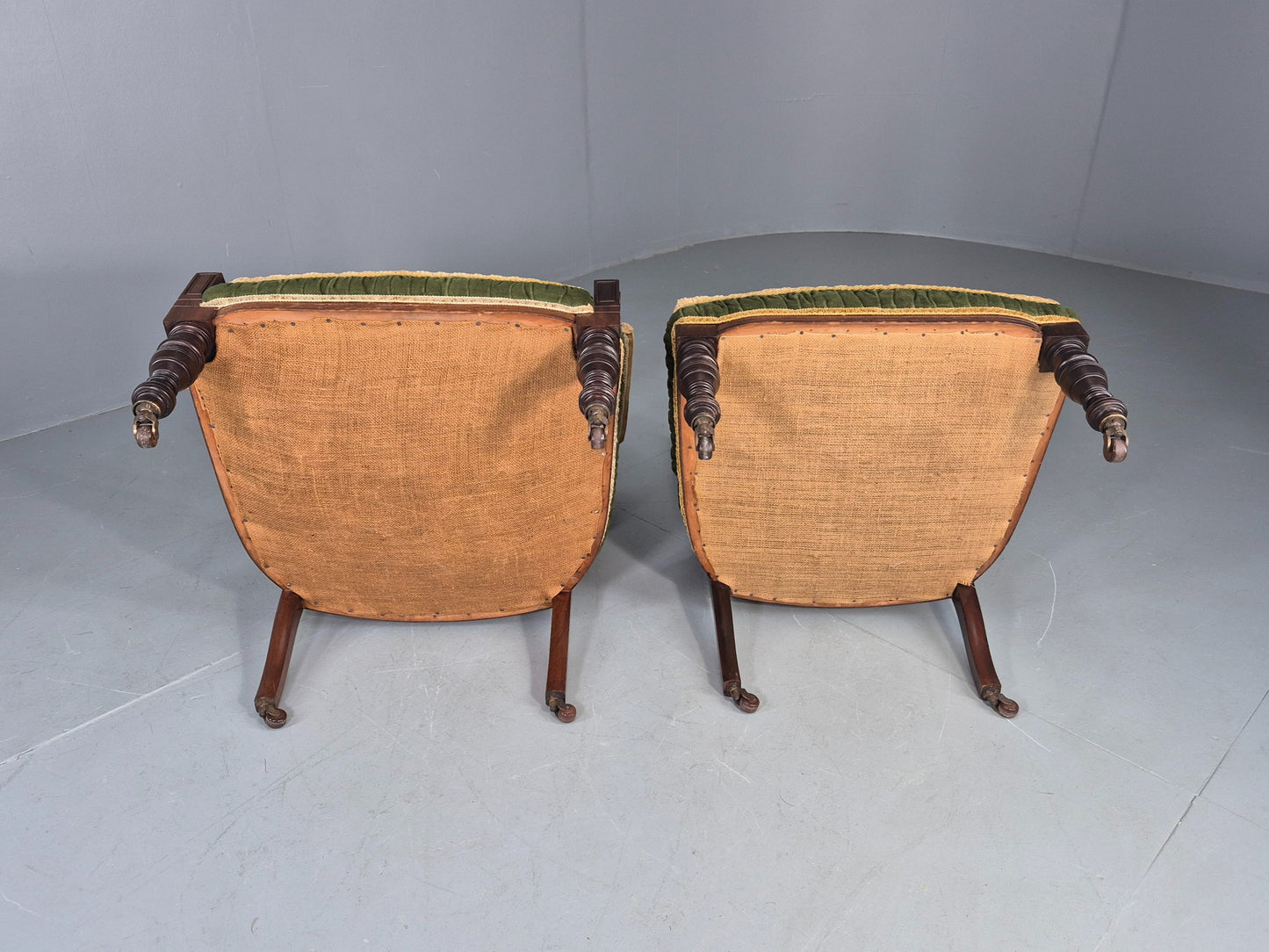 2 Antique Mahogany Saloon Chairs Green and Cream Upholstery Edwardian EB12792