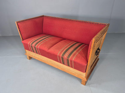 Vintage Danish 2 Seater Sofa Oak Framed Red Stripe Cloth 1970s Retro EB12755