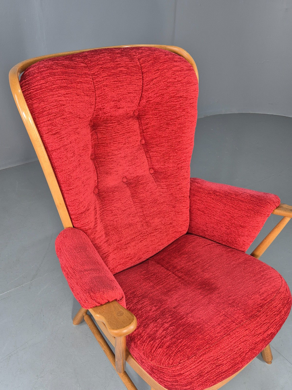 Ercol Evergreen Vintage Lounge Chair High Back Red Chenille Retro EB12859