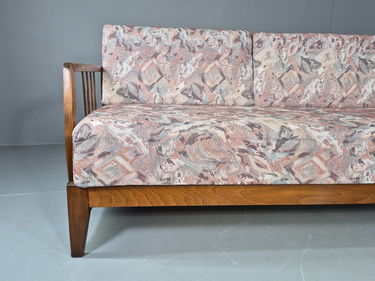 Vintage Danish Two Seat Sofa Bed Beech Frame 1950s Floral Cotton Retro EB12783