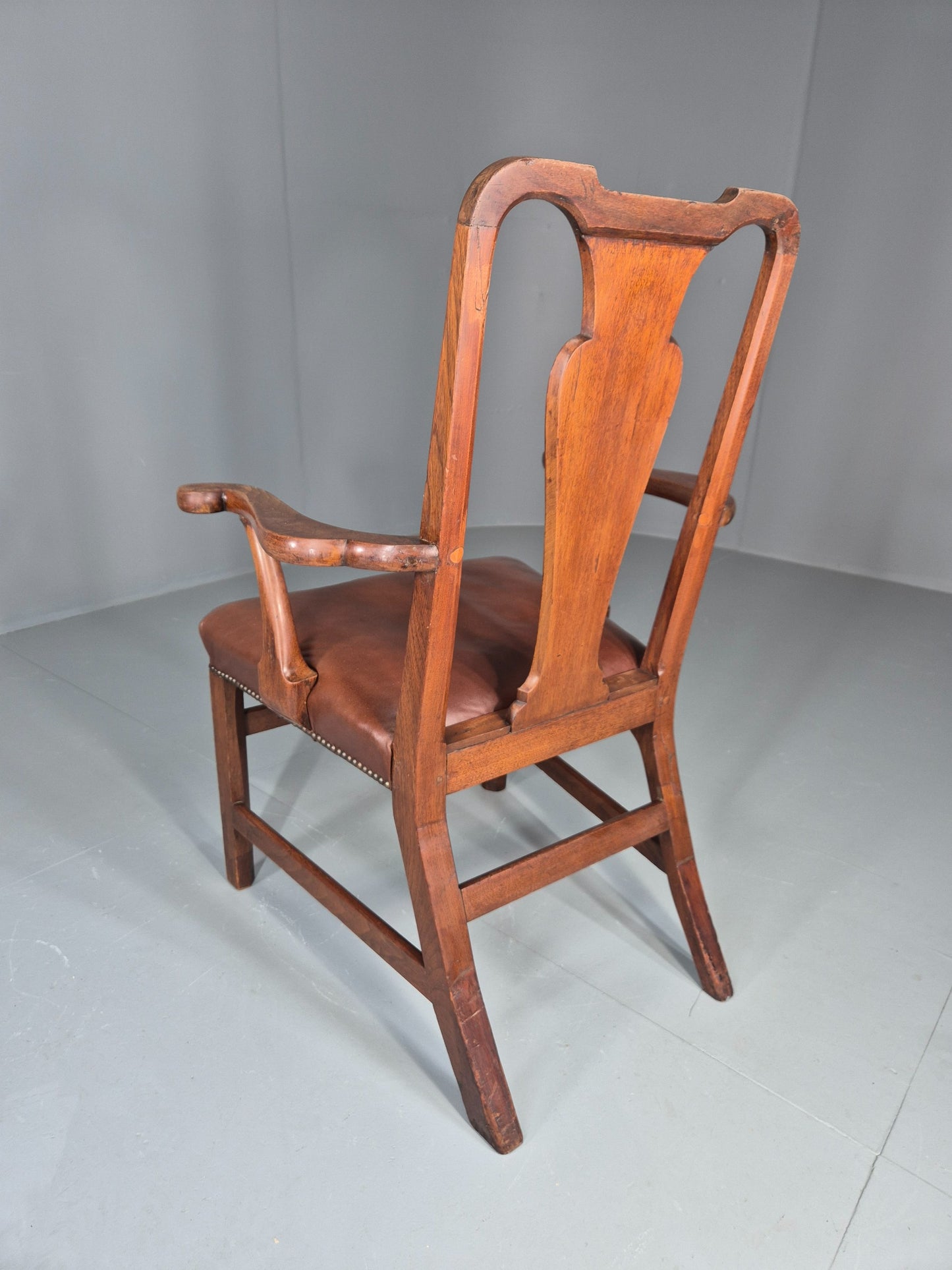 Antique Georgian Elbow Chair Mahogany Frame Leather Seat Splat Back EB11933