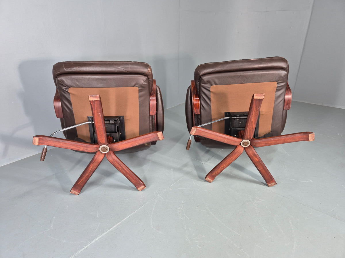 2 Vintage Danish Lounge Chairs Swivel Recline Leather Mid Century Retro EB13093
