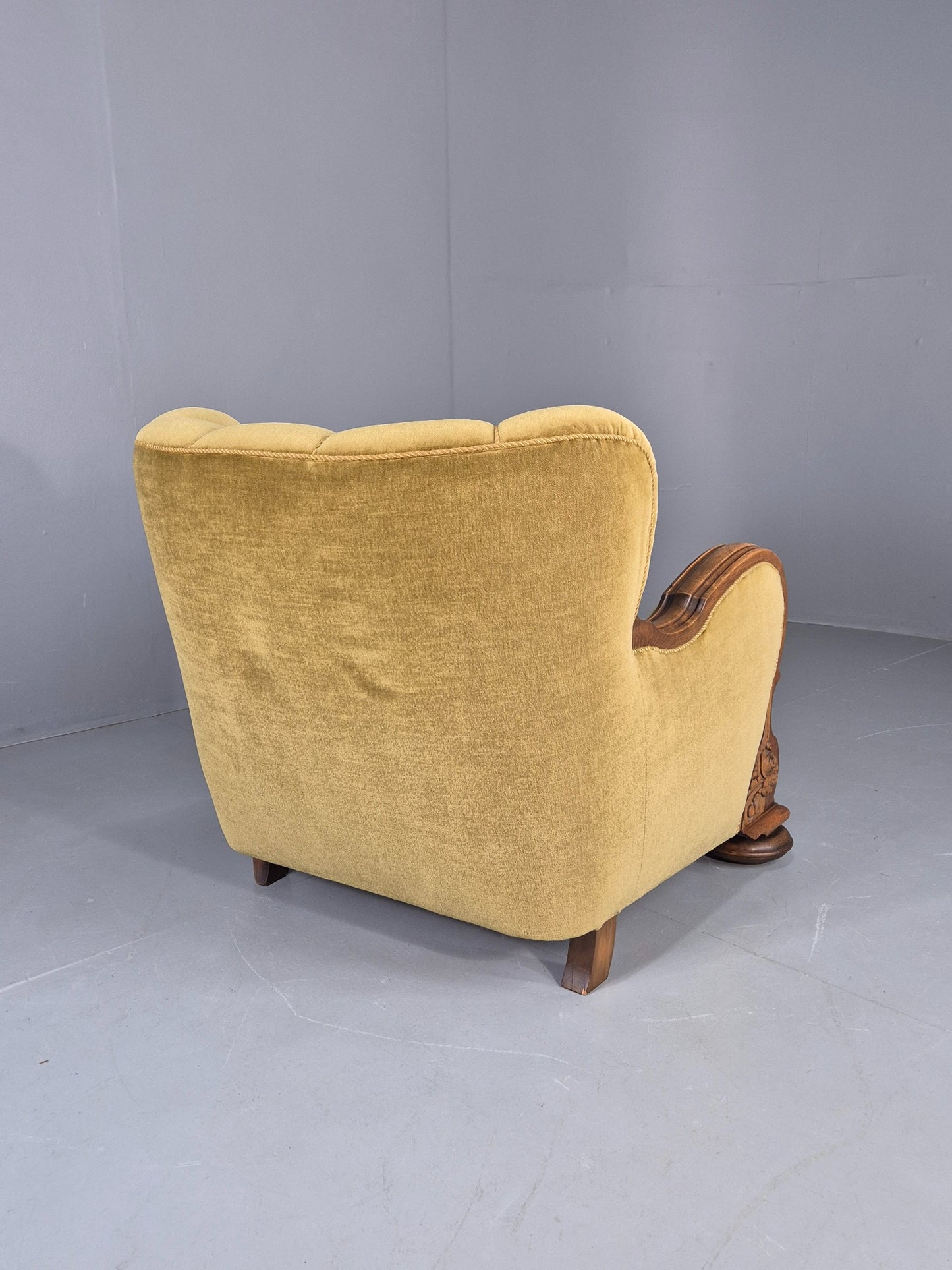 Vintage Danish Art Deco Lounge Chair Carved Oak Frame 1940s Green Floral 12838