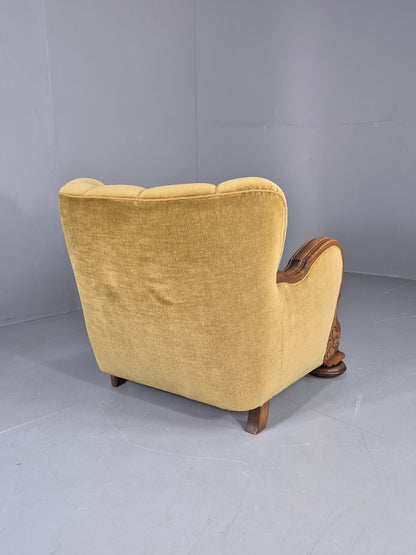 Vintage Danish Art Deco Lounge Chair Carved Oak Frame 1940s Green Floral 12838