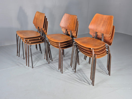 12 Vintage Danish Stacking Industrial Chairs Teak and Steel 1960s Retro EB12402