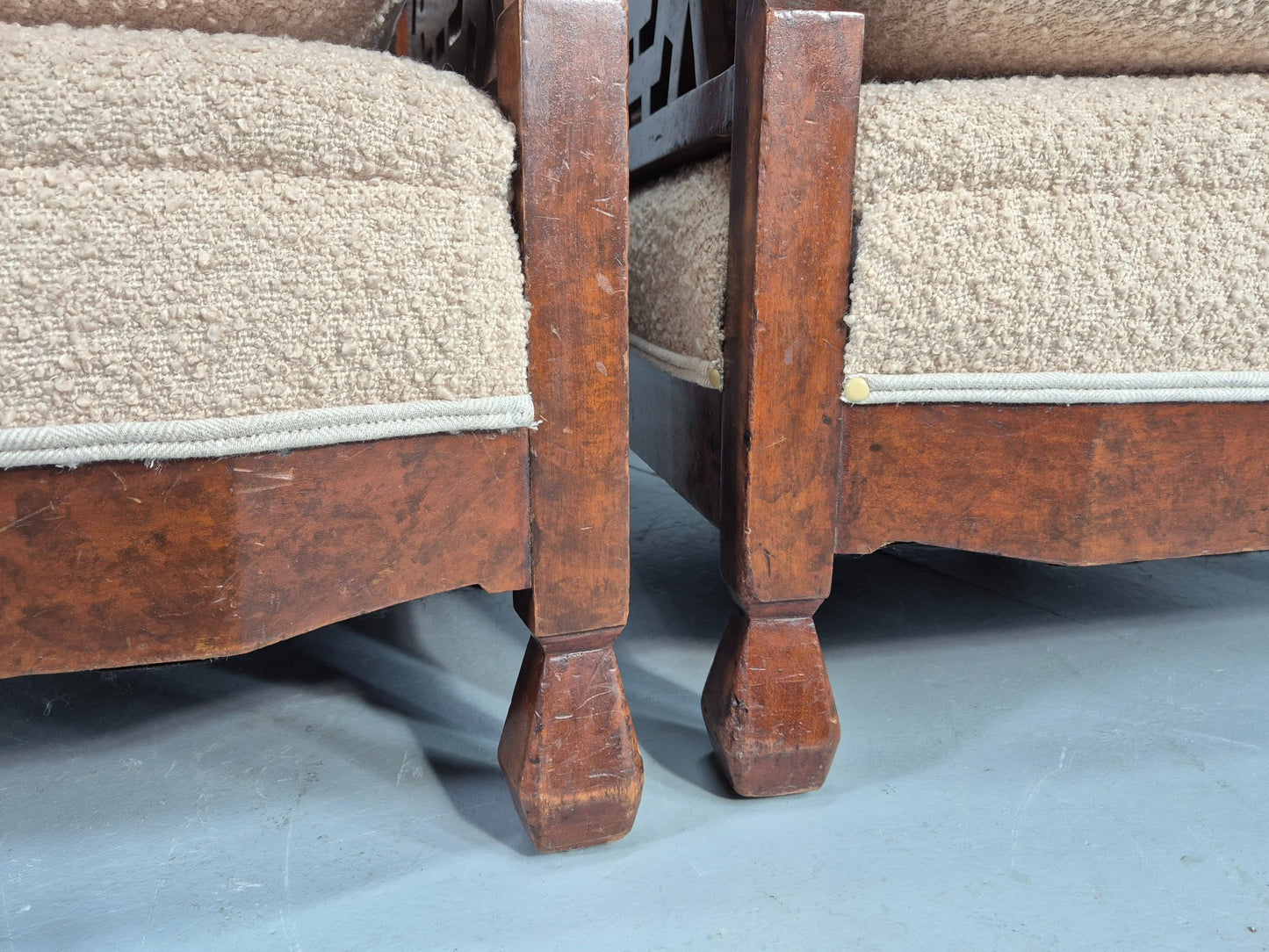 Vintage Art Deco Pair Armchairs Dappled Walnut White Boucle Bergere EB12556