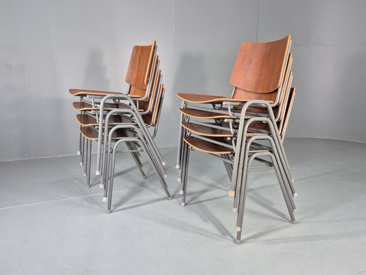 8 Vintage Danish Industrial Chairs Mid Century Teak and Steel Retro EB12663
