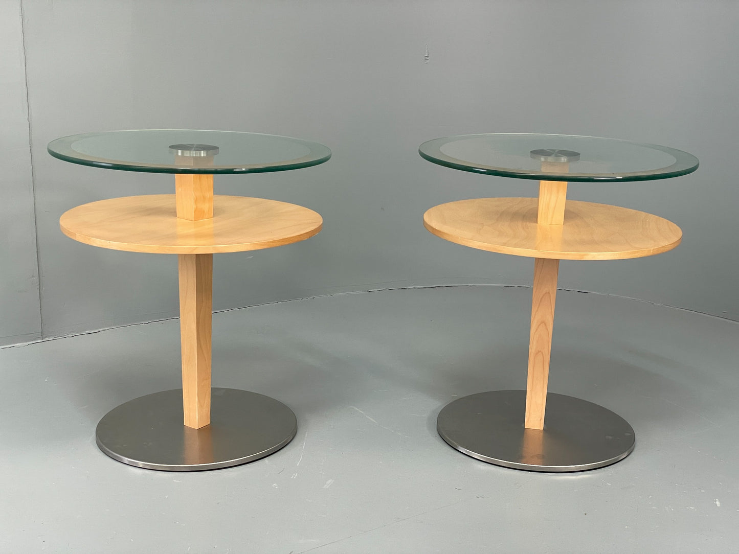 Danish Circular Side Tables Glass & Beech Pedestal Contemporary EB12400