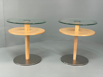 Danish Circular Side Tables Glass & Beech Pedestal Contemporary EB12400