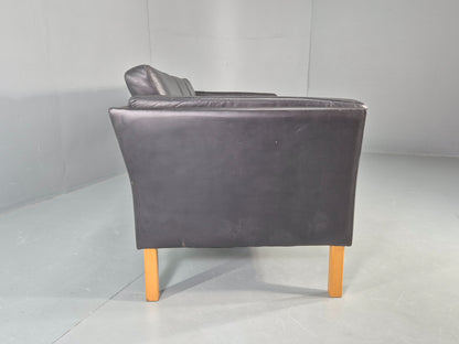 Vintage Danish 3 seater Sofa Black Leather 1980s Retro MCM EB12453