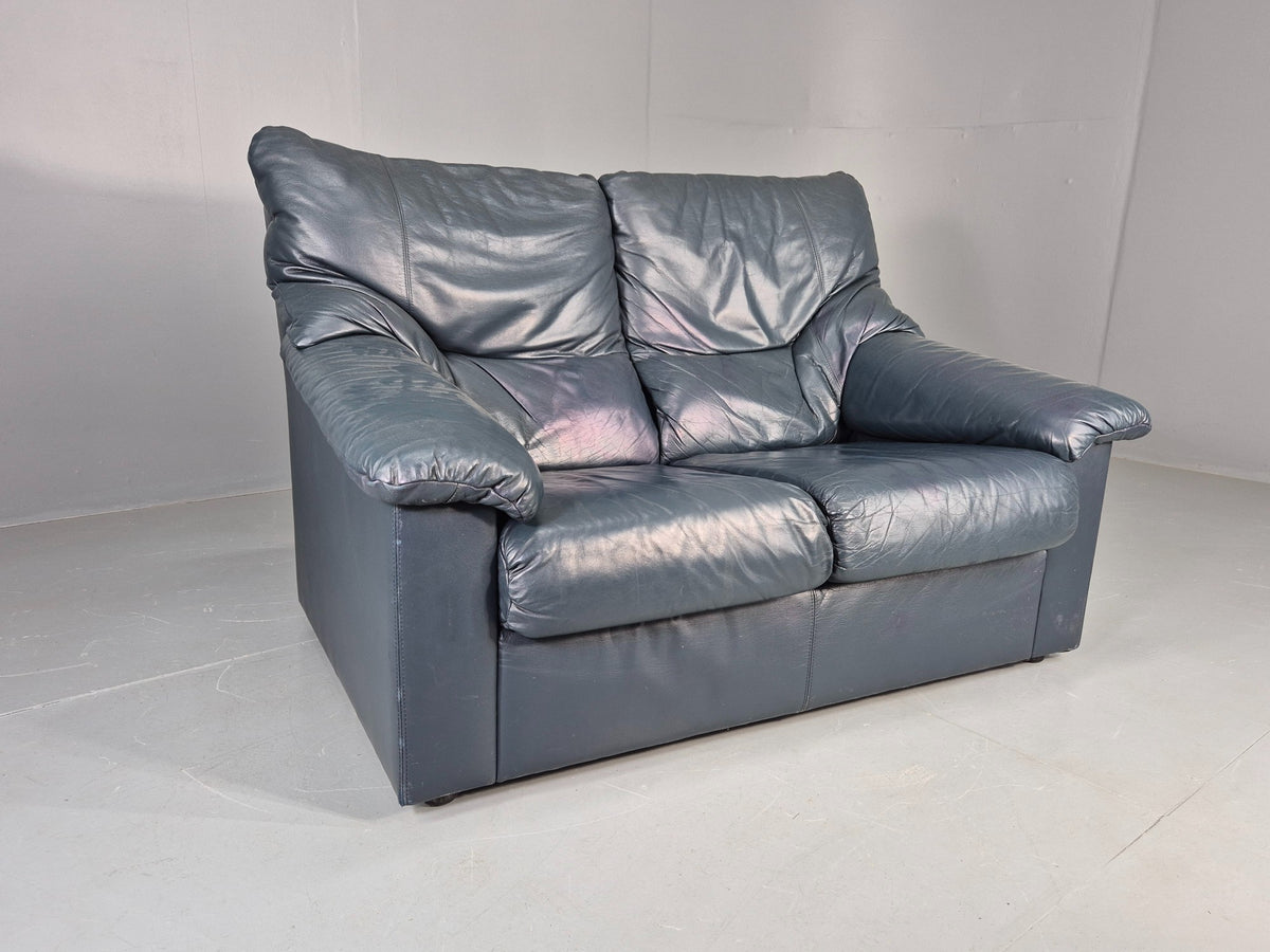 Vintage 2 Seater Leather Settee 1980s Style Dark Green Retro EB12784