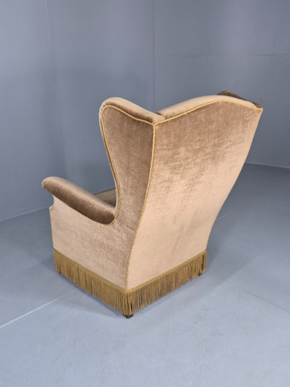 Vintage Wingback Lounge Chair Danish 20th Century Green Velvet Velour EB12706