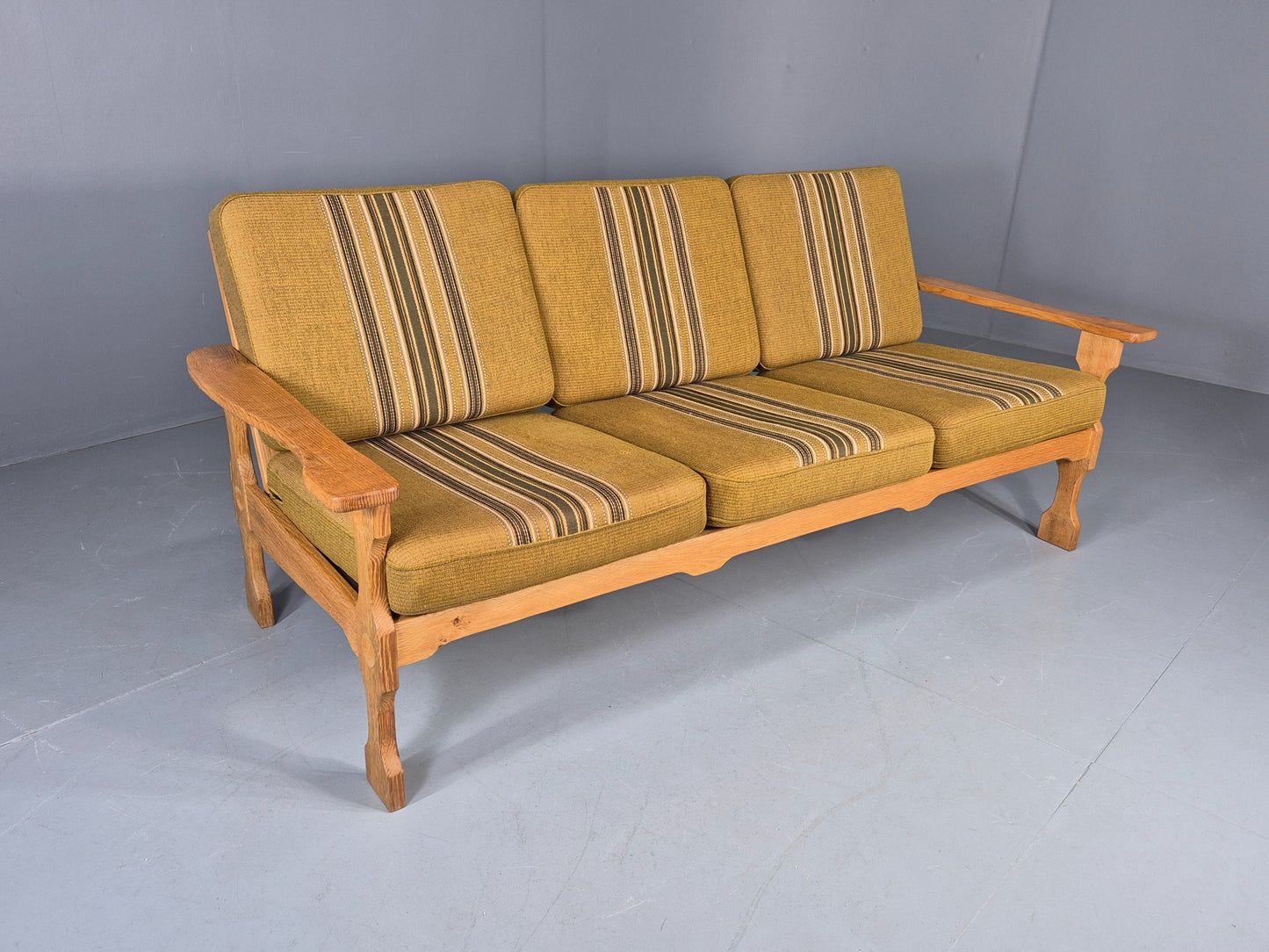 Vintage Danish 3 seater Sofa Oak Kjaenulf Green Cushions 1970s Retro EB12776