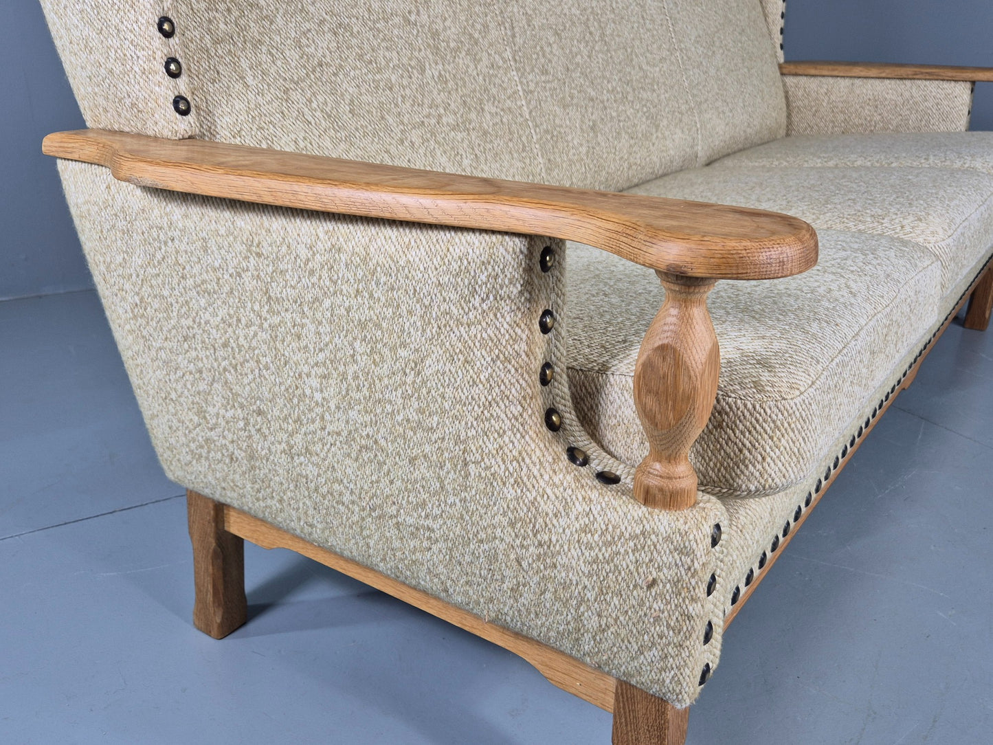 Vintage 3 Seat Sofa Danish 1970s Oak Frame Cream Wool Cloth Retro  EB12753
