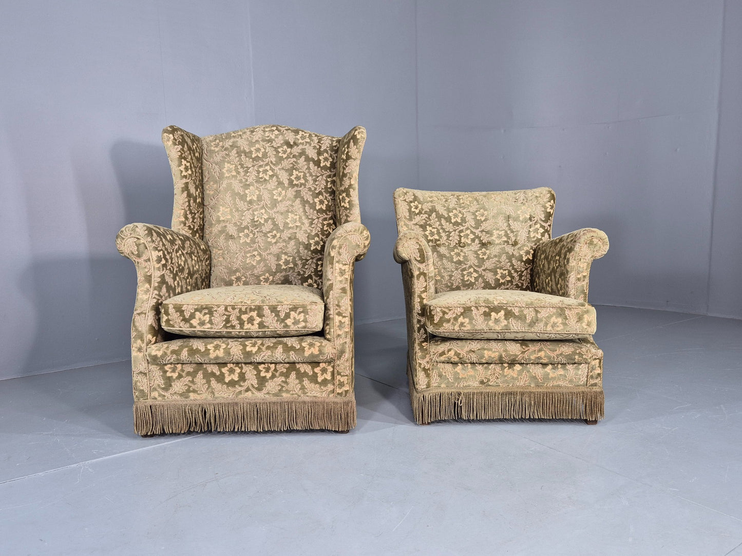 2 Vintage Danish Armchairs Green Floral Moquette Tassels 1960s Cottage EB12689