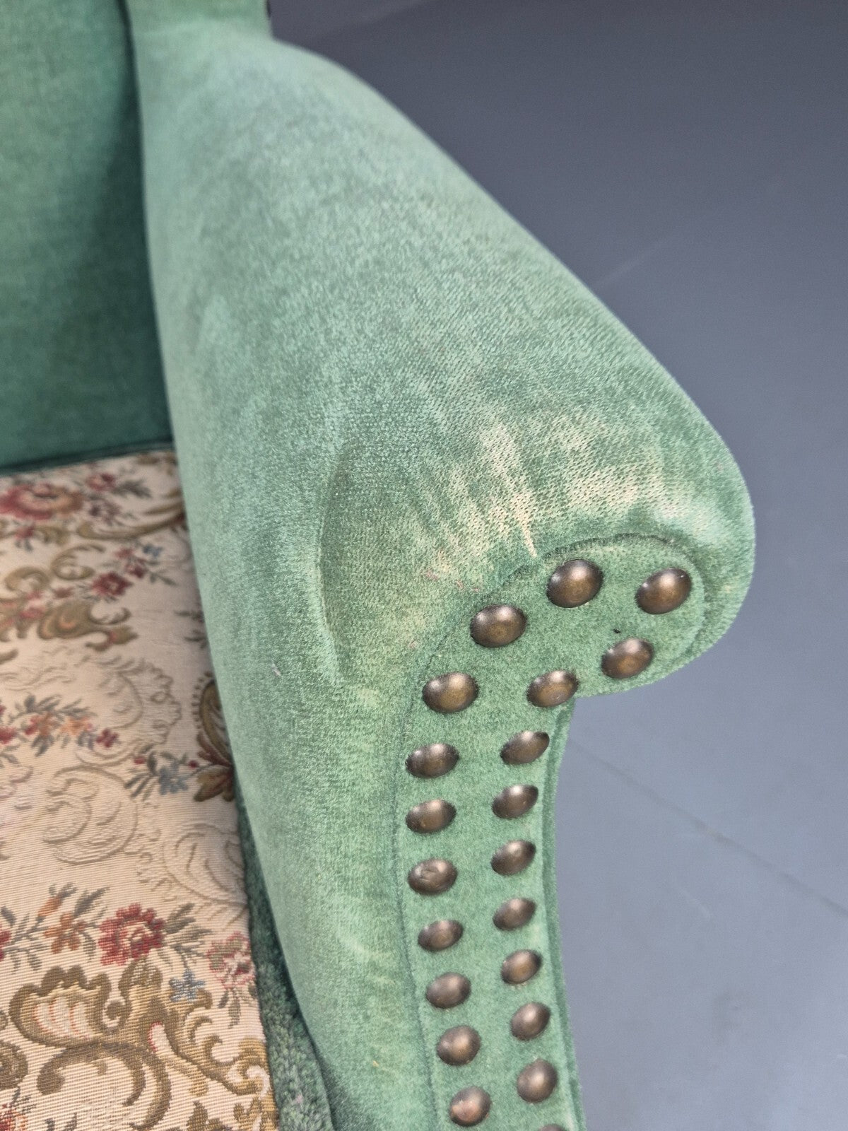 Vintage Danish Wingback Lounge Chair Green and Cream Floral Tassels EB9610 VCLO