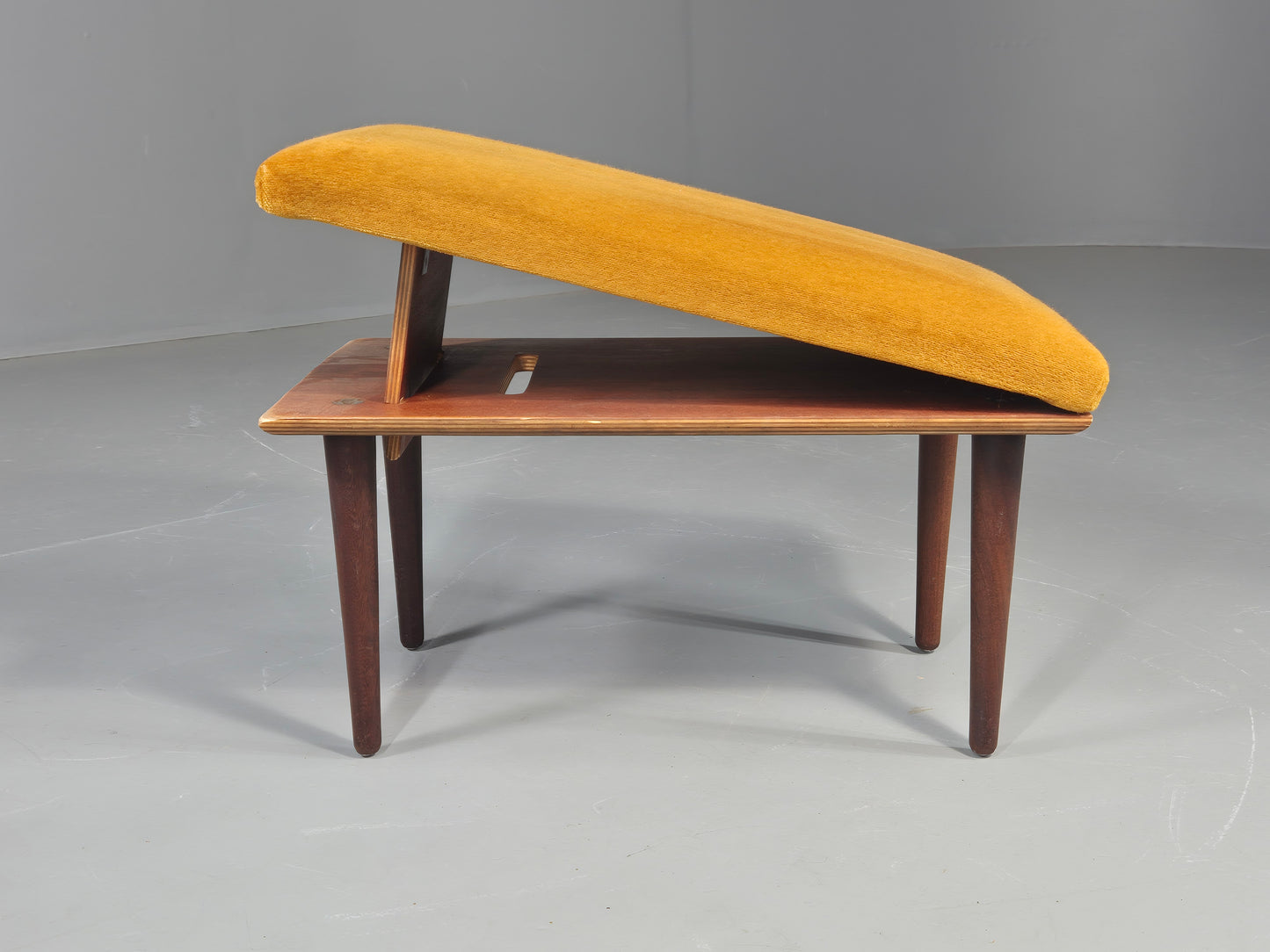 Vintage Mid Century Footstool Gold Velour Upholstery Teak Legs 60s Retro EB11576