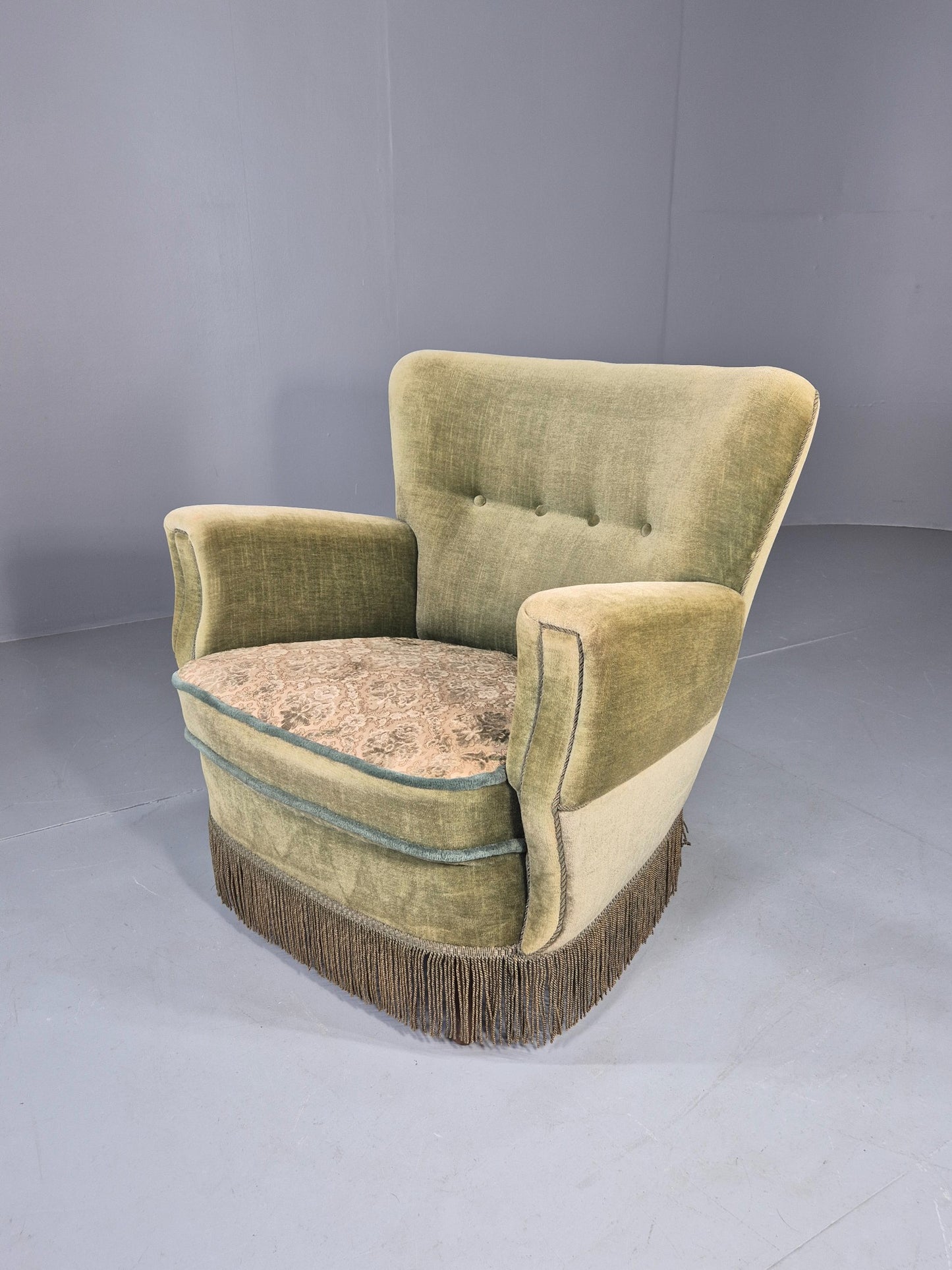 Vintage 1950s Armchair Danish Design Green Velour Tassels Art Deco EB12711