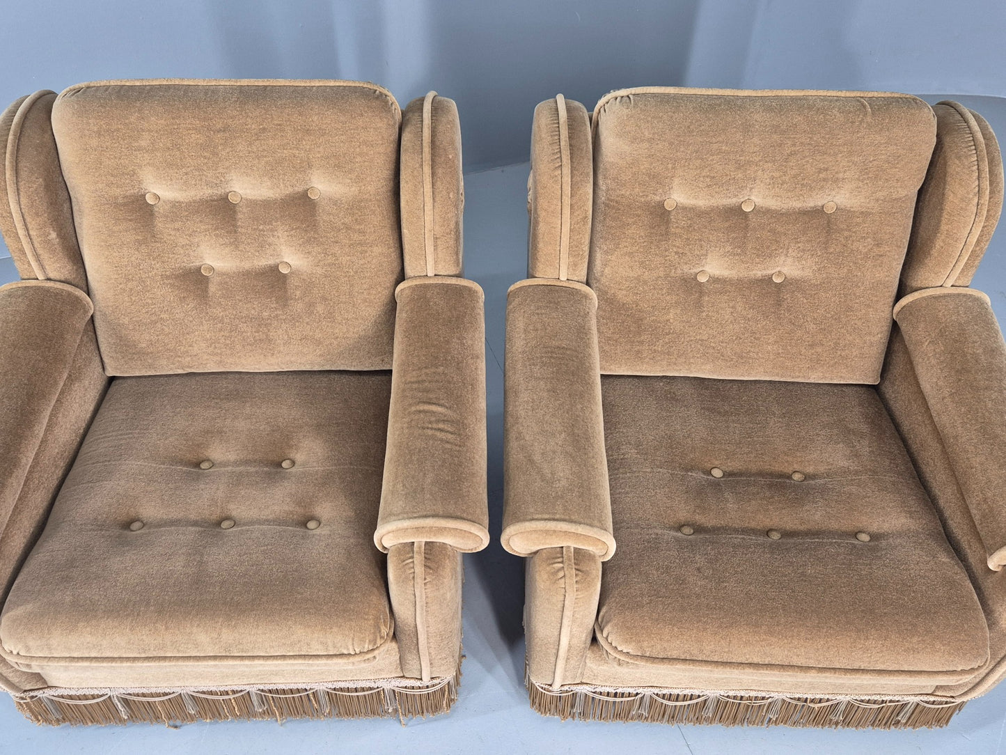 Vintage 1970s Lounge Chairs Green Velour Tassels Wing Back Danish Retro EB12137