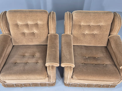Vintage 1970s Lounge Chairs Green Velour Tassels Wing Back Danish Retro EB12137