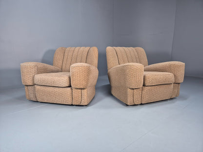 2 Vintage Art Deco Armchairs Beige Chenille Upholstery 1940s EB09684
