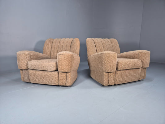 2 Vintage Art Deco Armchairs Beige Chenille Upholstery 1940s EB09684