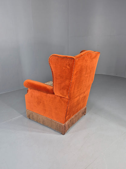 Vintage Wing Back Lounge Chair Danish 20th Century Orange Cream Tassels  EB12707