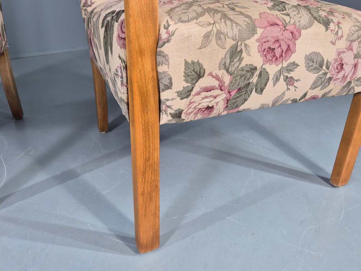 2 Vintage Danish Lounge Chairs 1950s Deco Bentwood Floral Print Retro EB12644