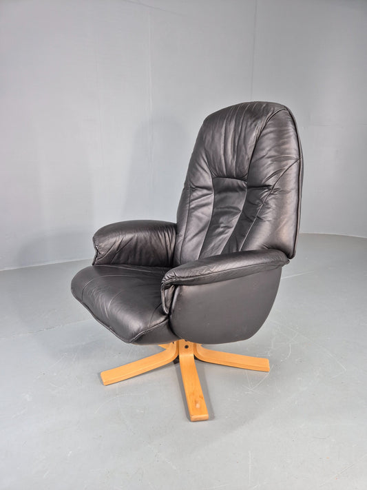 Vintage Leather Swivel Recline Armchair Black 1980s Design Retro EB12313