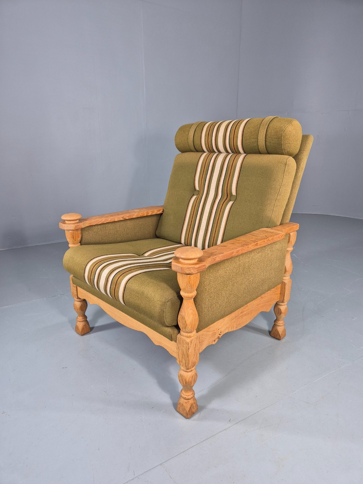 Vintage High Back Kjearnulf Arm Chair Oak Frame Green Stripe 1970s Retro EB12736