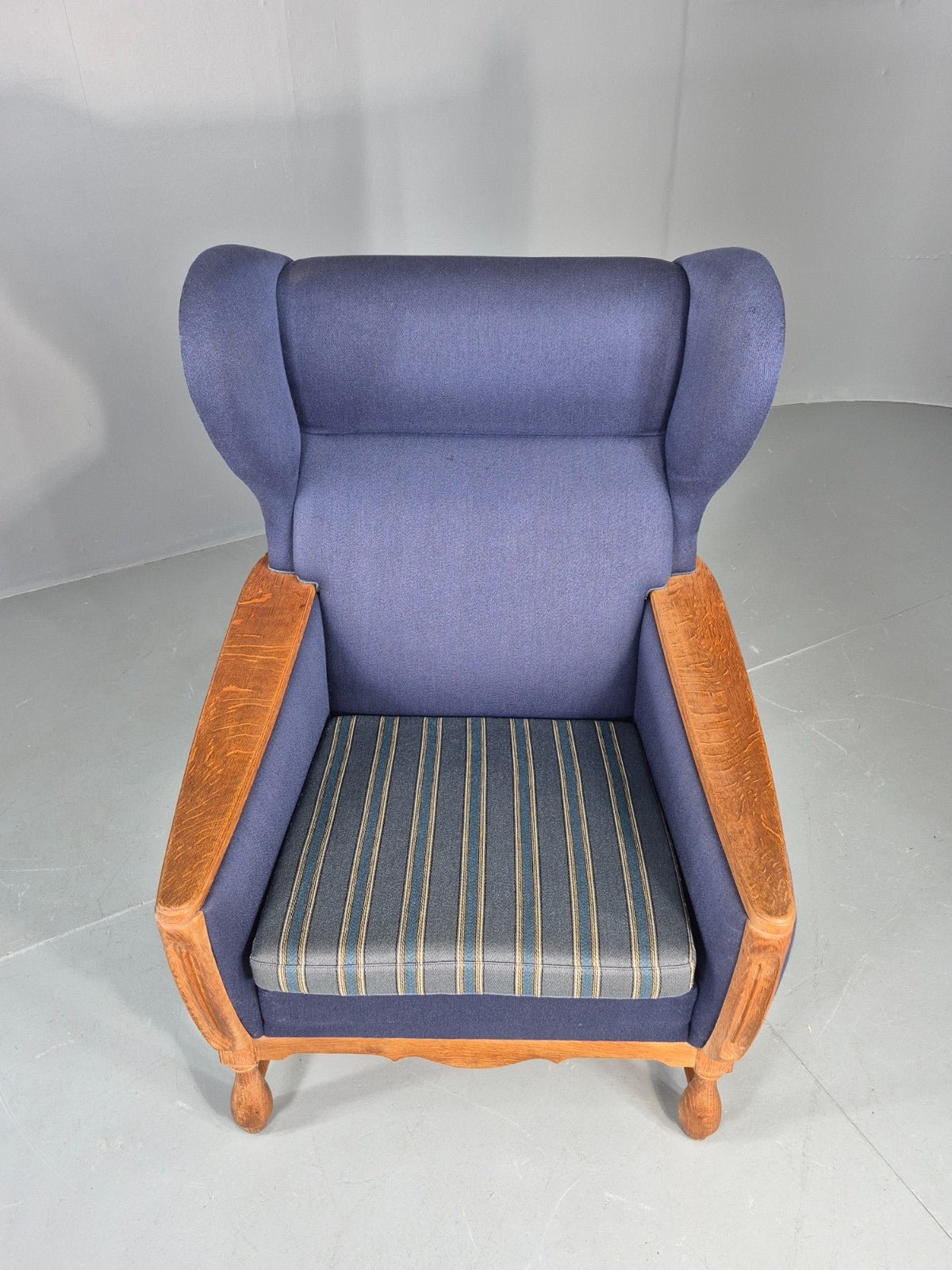 Vintage Danish Lounge Wing Chair Oak Frame Blue Wool 1970s  Retro MCM EB12771
