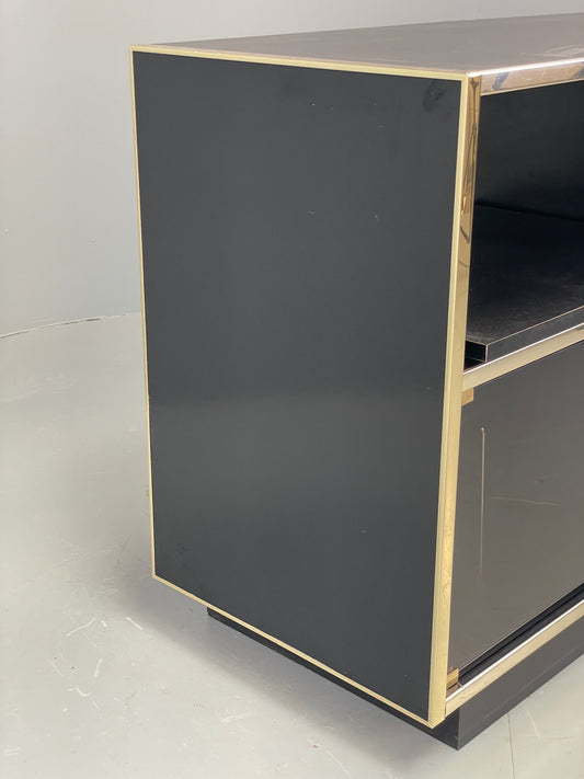 Vintage 1970s Media Cabinet Gold Black Glass French Retro Record Storage EB12492